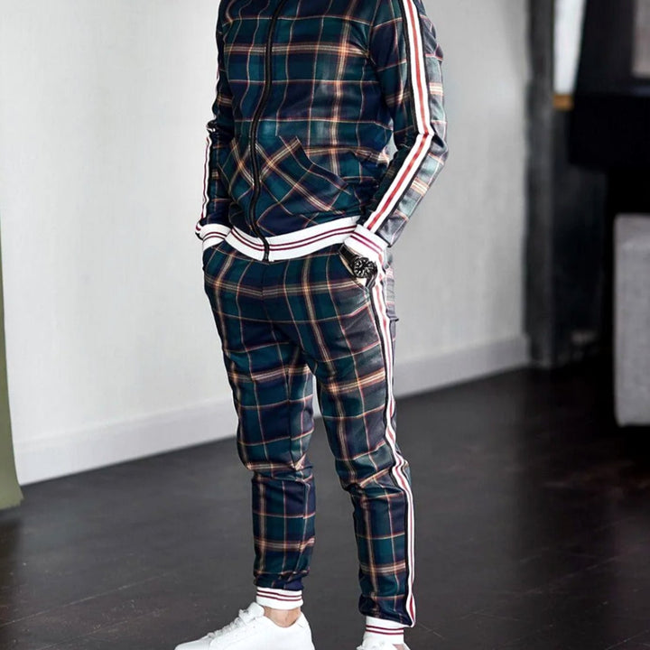 Men's Plaid Side-Stripe Zip-Up Jogging Tracksuit Set - Green