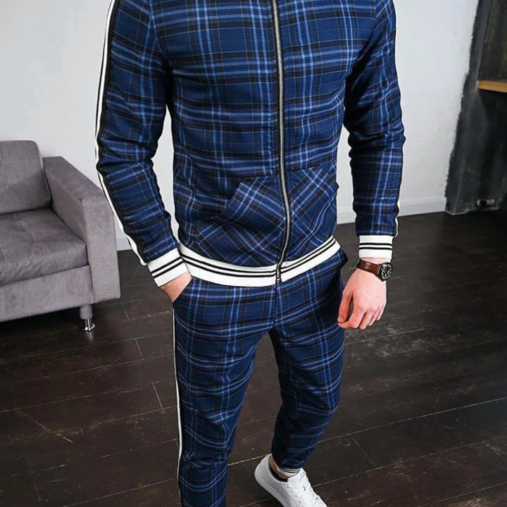 Men's Plaid Side-Stripe Zip-Up Jogging Tracksuit Set - Blue