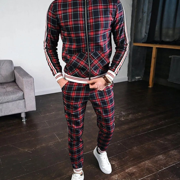 Men's Plaid Side-Stripe Zip-Up Jogging Tracksuit Set - Red