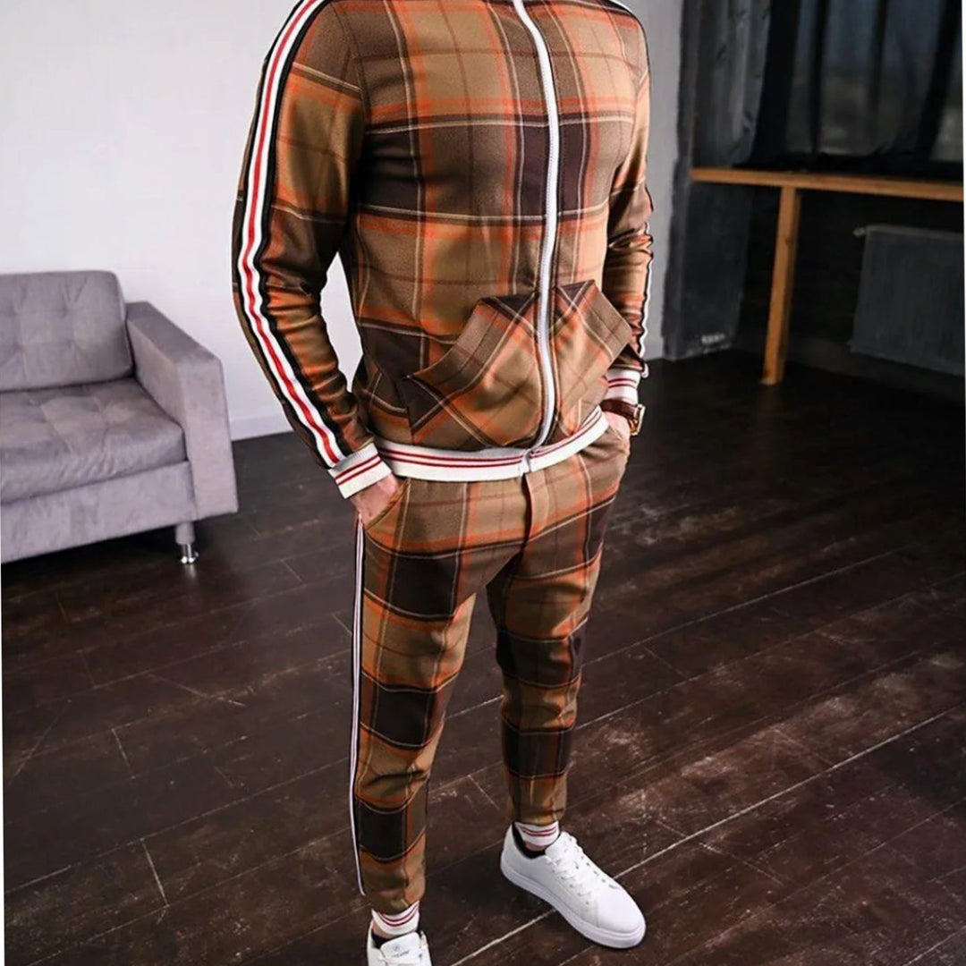 Men's Plaid Side-Stripe Zip-Up Jogging Tracksuit Set - Orange