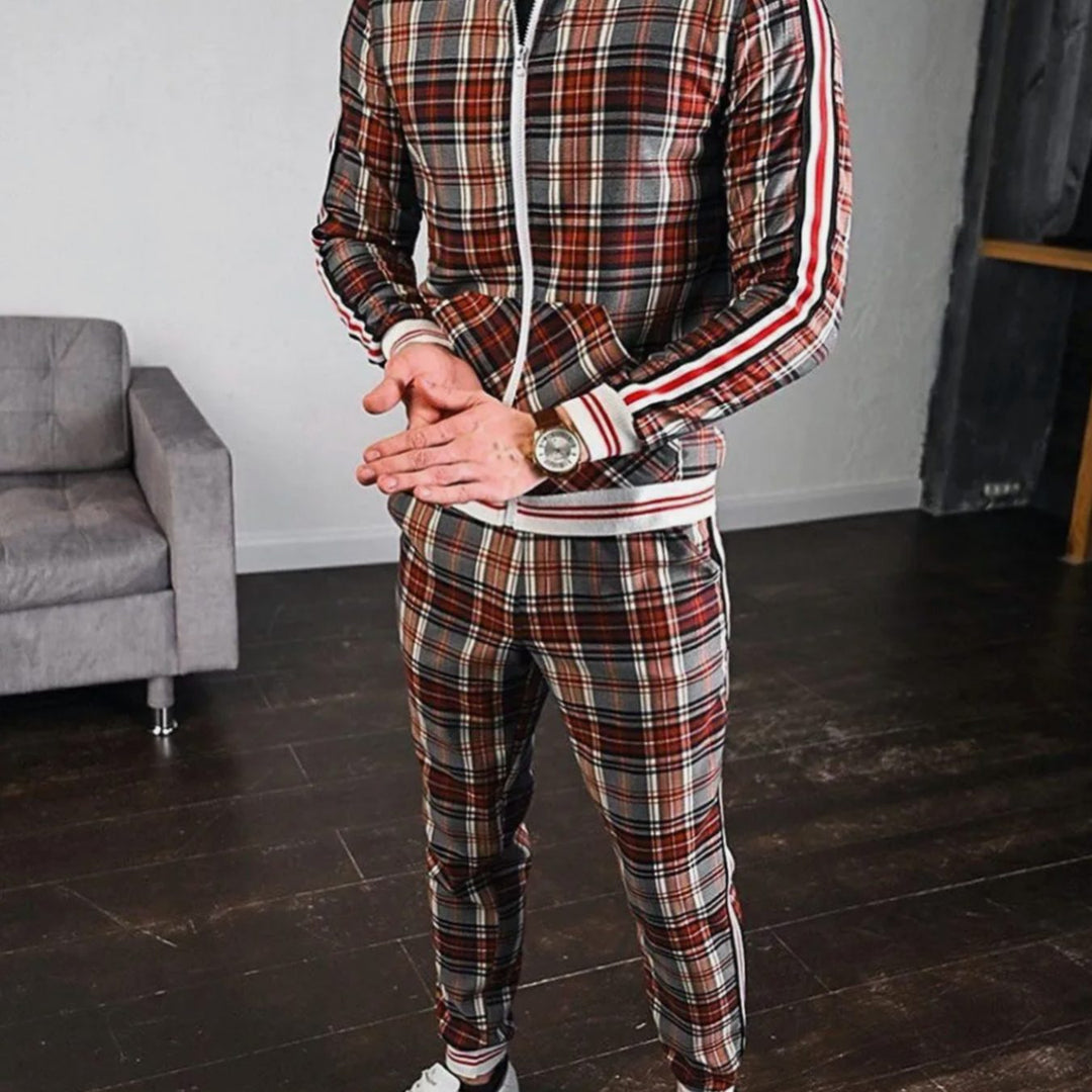 Men's Plaid Side-Stripe Zip-Up Jogging Tracksuit Set - Khaki
