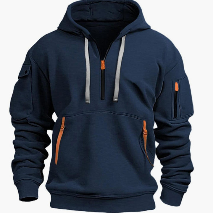 Men's Quarter-Zip Utility Pocket Style Hoodie Long Sleeve Pullover - Dark Blue