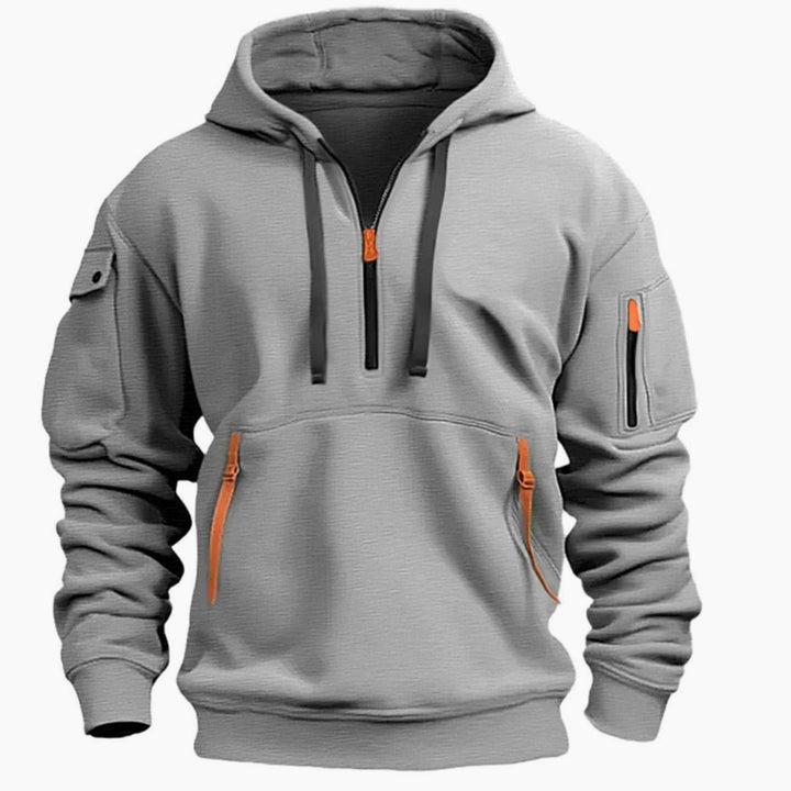 Men's Quarter-Zip Utility Pocket Style Hoodie Long Sleeve Pullover - Light Grey