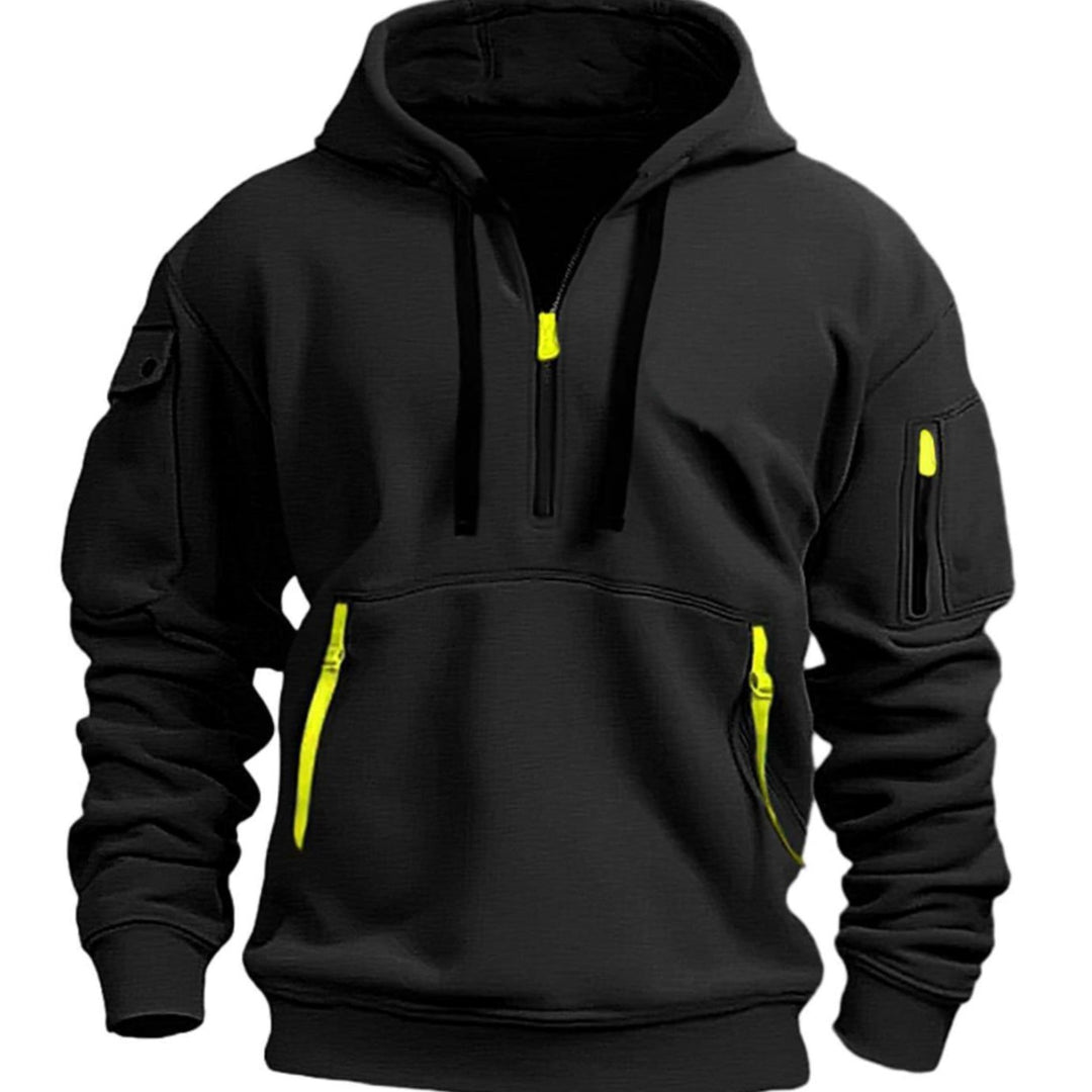 Men's Quarter-Zip Utility Pocket Style Hoodie Long Sleeve Pullover - Black