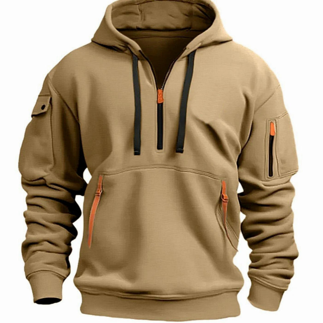 Men's Quarter-Zip Utility Pocket Style Hoodie Long Sleeve Pullover - Khaki