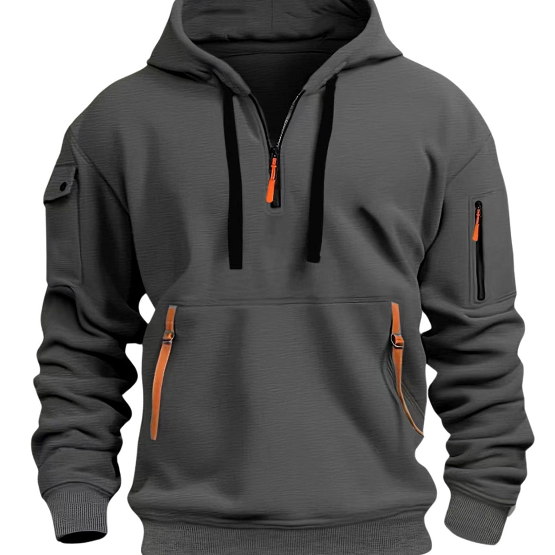 Men's Quarter-Zip Utility Pocket Style Hoodie Long Sleeve Pullover - Dark Grey
