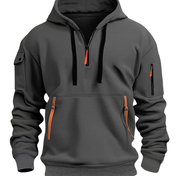 Men's Quarter-Zip Utility Pocket Style Hoodie Long Sleeve Pullover - Dark Grey