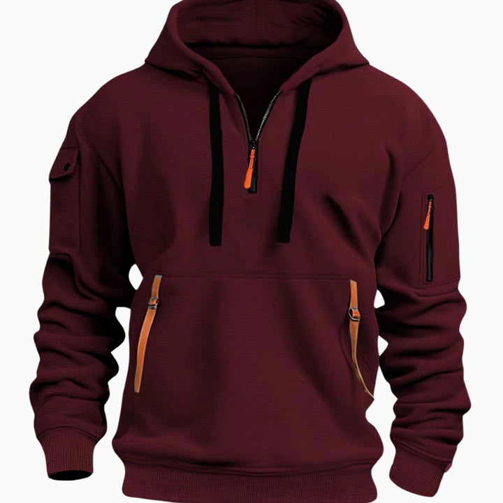Men's Quarter-Zip Utility Pocket Style Hoodie Long Sleeve Pullover - Red