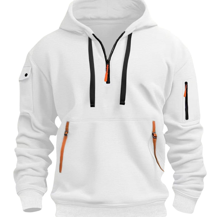 Men's Quarter-Zip Utility Pocket Style Hoodie Long Sleeve Pullover - White