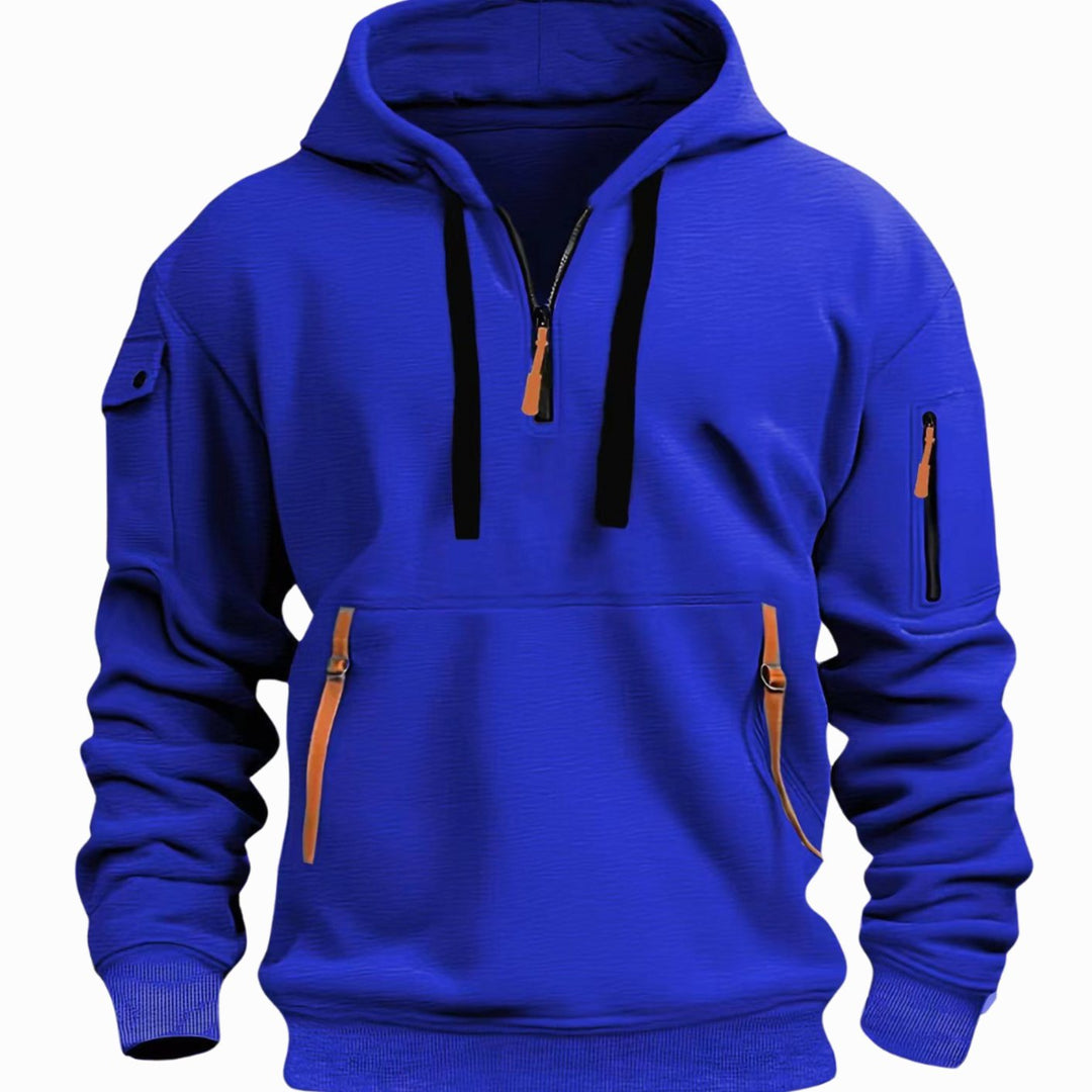 Men's Quarter-Zip Utility Pocket Style Hoodie Long Sleeve Pullover - Blue