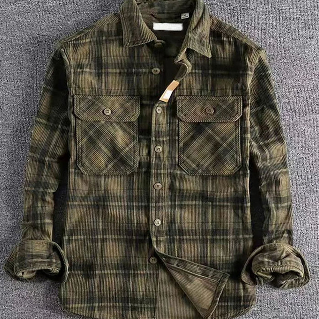 Men's Relaxed-Fit Plaid Flannel Corduroy Button-Up Shirt - Green