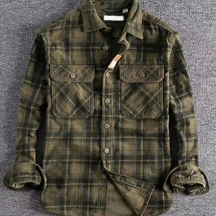 Men's Relaxed-Fit Plaid Flannel Corduroy Button-Up Shirt - Green