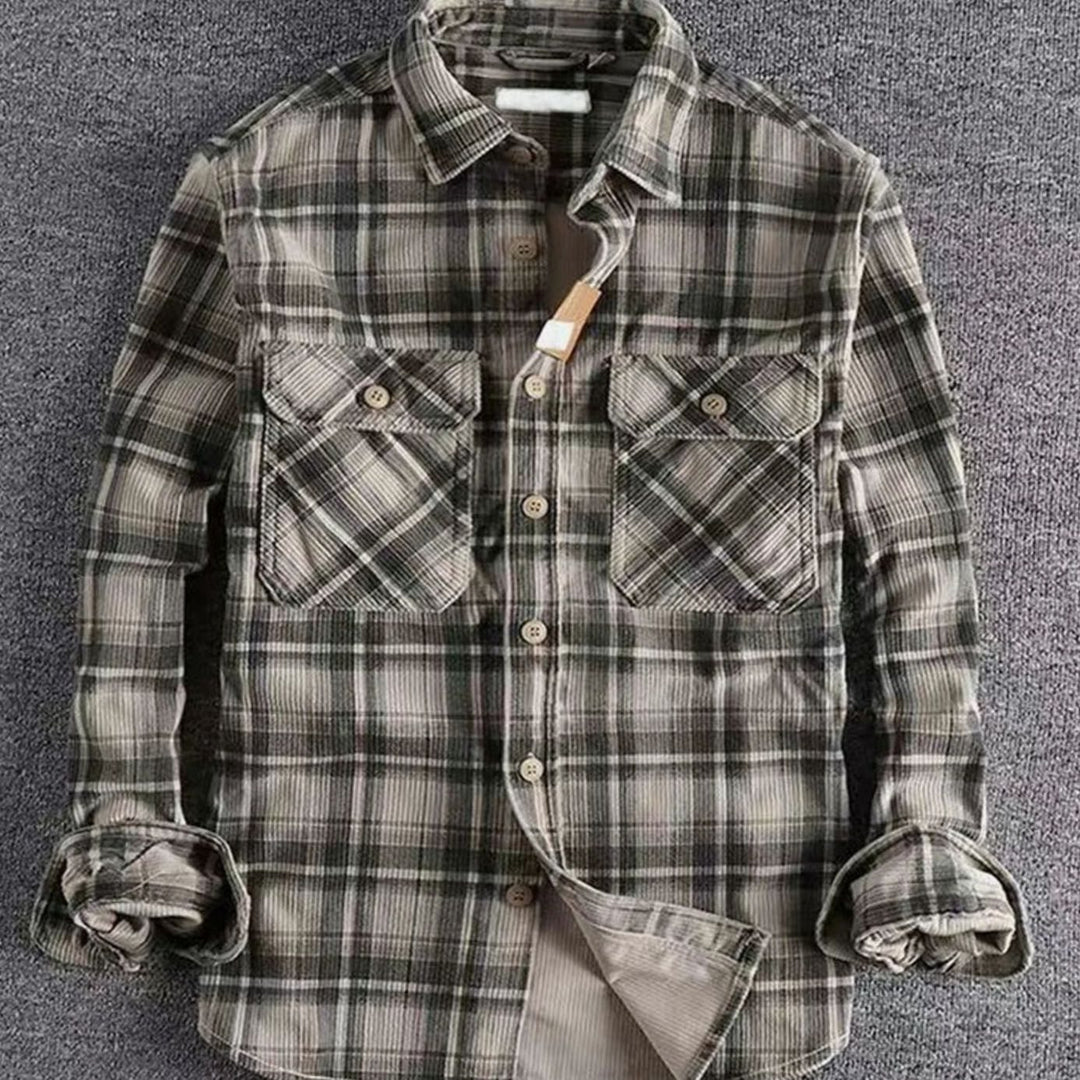 Men's Relaxed-Fit Plaid Flannel Corduroy Button-Up Shirt - Dark Grey