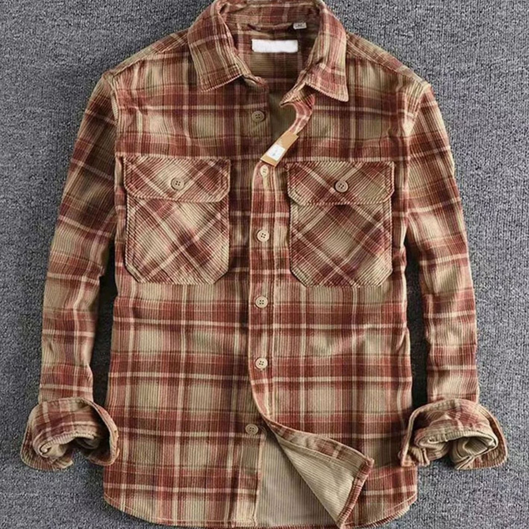 Men's Relaxed-Fit Plaid Flannel Corduroy Button-Up Shirt - Red