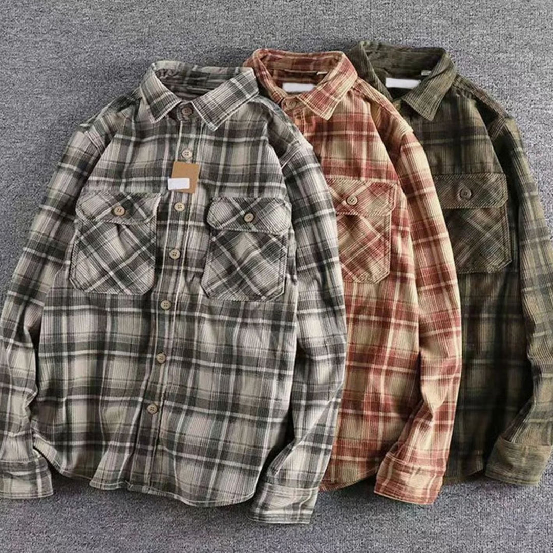 Men's Relaxed-Fit Plaid Flannel Corduroy Button-Up Shirt