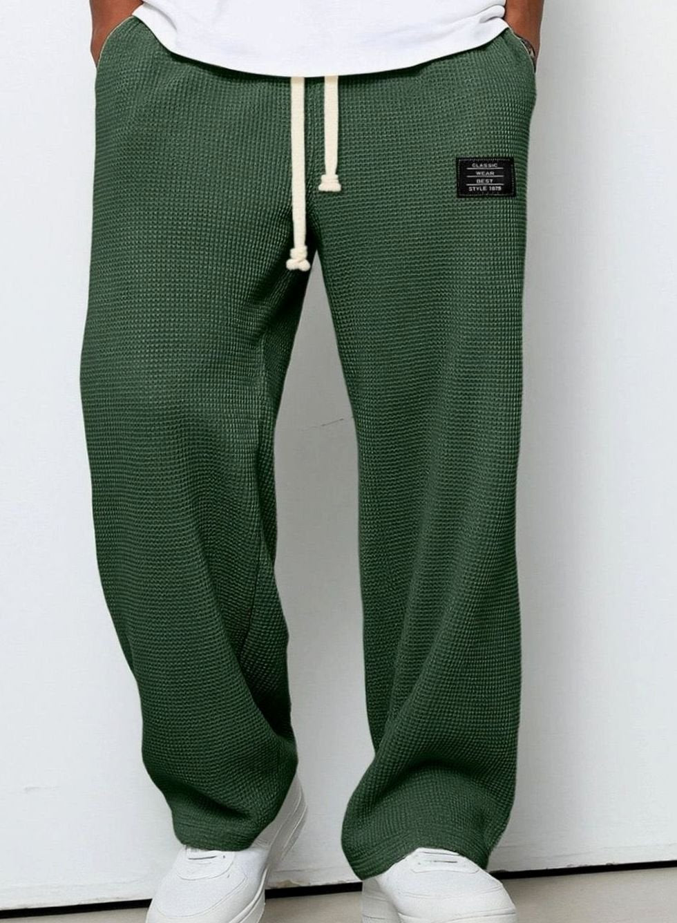 Men's Relaxed-Fit Wide-Leg Waffle-Knit Drawstring Pants - Dark Green