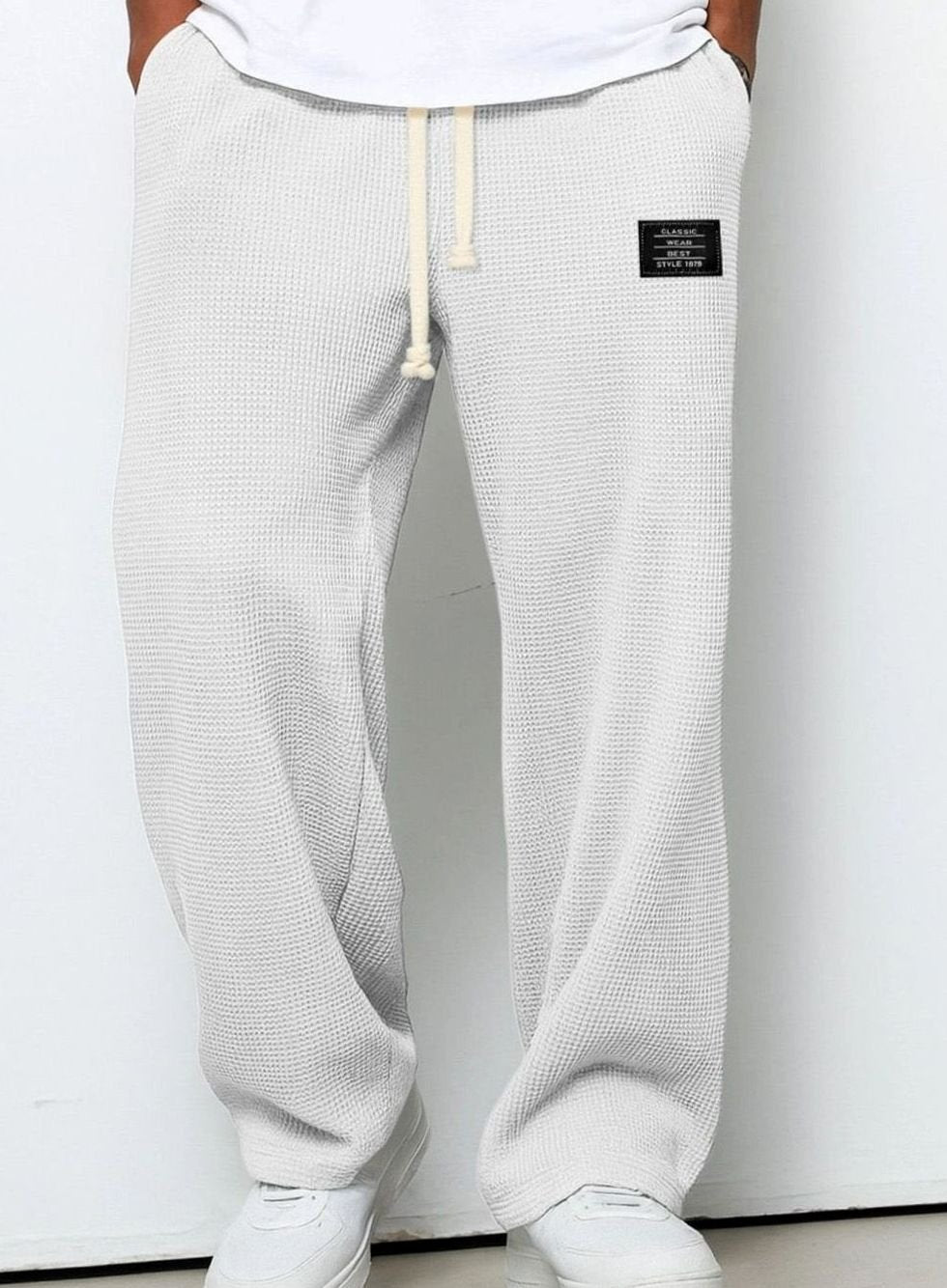 Men's Relaxed-Fit Wide-Leg Waffle-Knit Drawstring Pants - White
