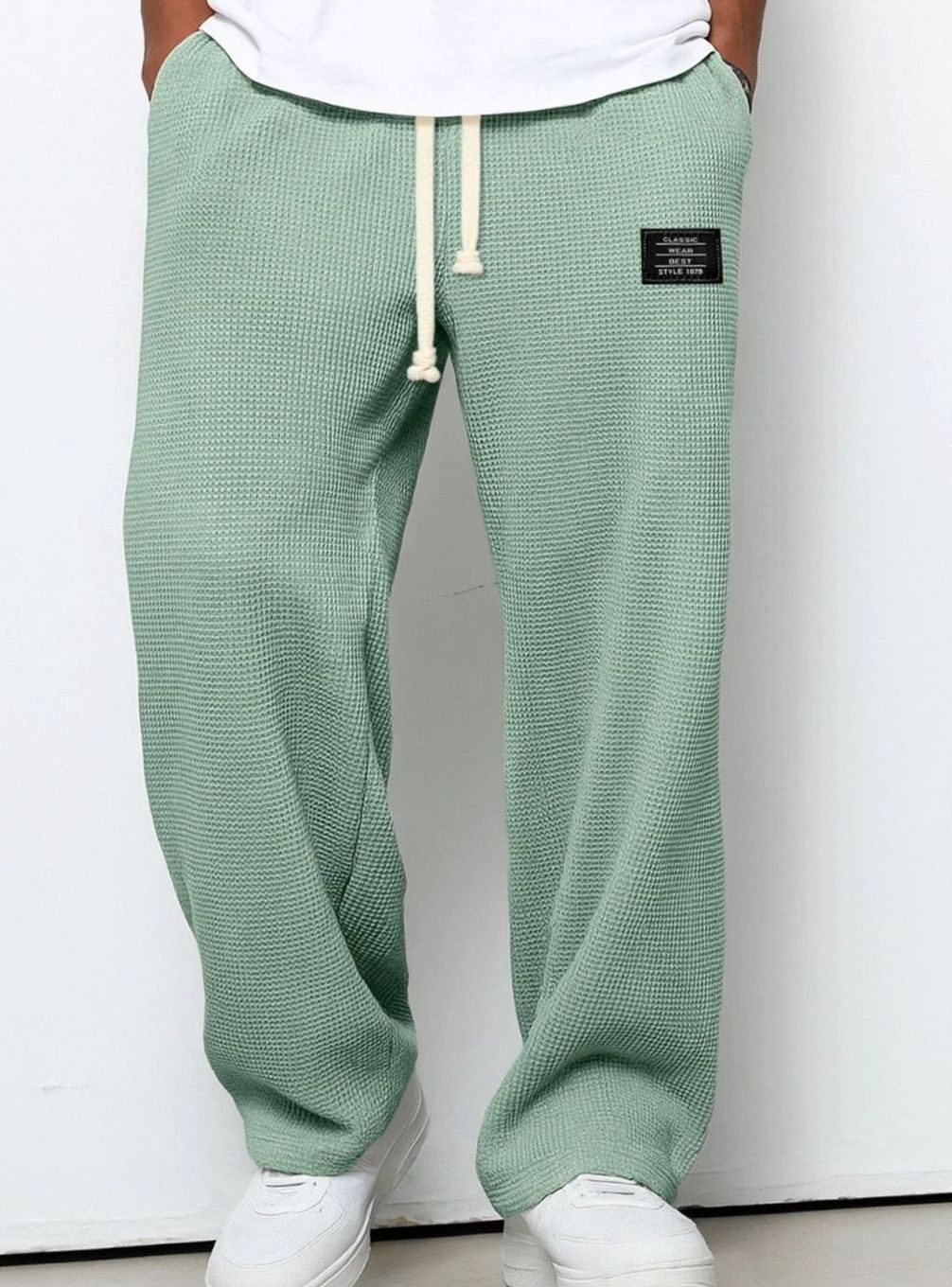 Men's Relaxed-Fit Wide-Leg Waffle-Knit Drawstring Pants - Green