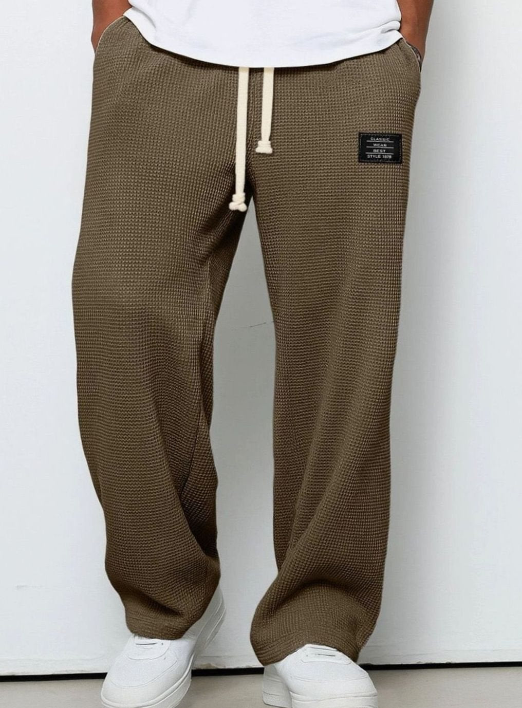 Men's Relaxed-Fit Wide-Leg Waffle-Knit Drawstring Pants - Dark Brown