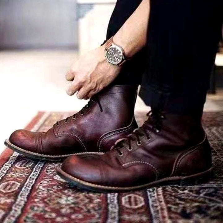 Men's Retro Leather-Look Ankle Lace-Up Boots - Coffee