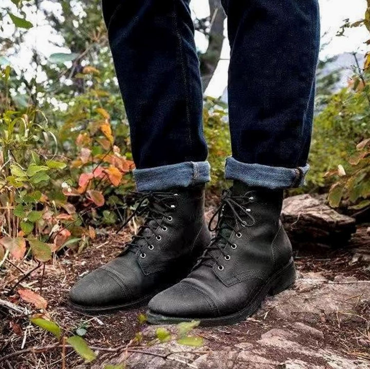 Men's Retro Leather-Look Ankle Lace-Up Boots - Black