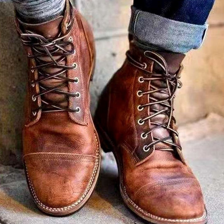 Men's Retro Leather-Look Ankle Lace-Up Boots - Brown