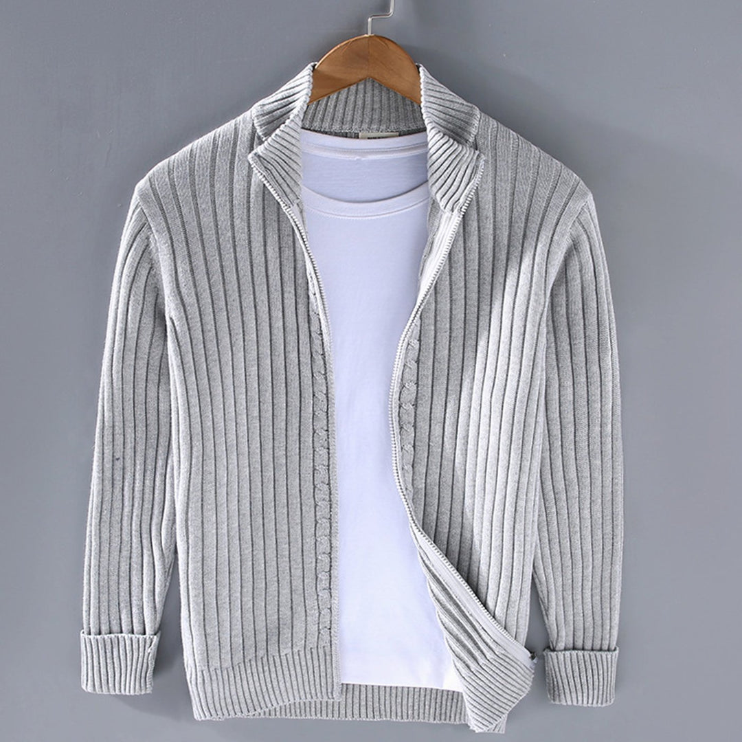 Men's Ribbed-Knit Full-Zip Stand-Collar Winter Cardigan Sweater - Grey