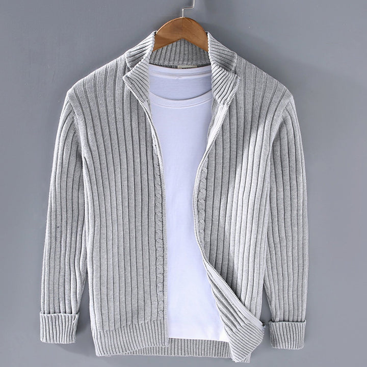 Men's Ribbed-Knit Full-Zip Stand-Collar Winter Cardigan Sweater - Grey