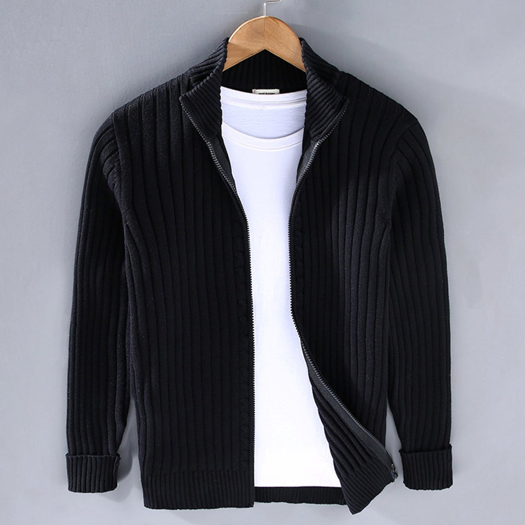 Men's Ribbed-Knit Full-Zip Stand-Collar Winter Cardigan Sweater - Black