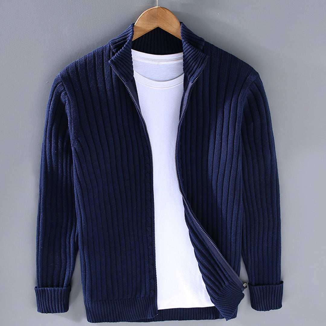 Men's Ribbed-Knit Full-Zip Stand-Collar Winter Cardigan Sweater - Blue