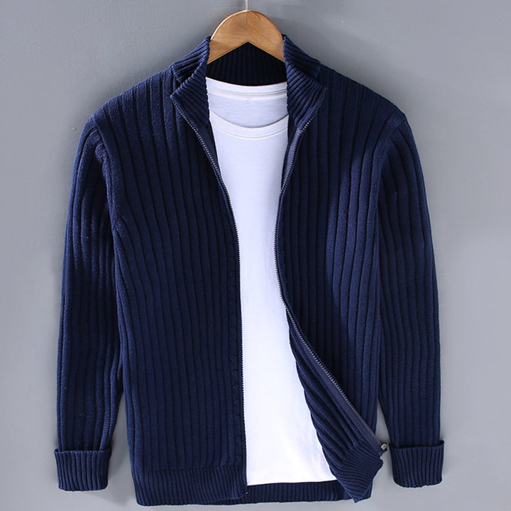 Men's Ribbed-Knit Full-Zip Stand-Collar Winter Cardigan Sweater - Blue