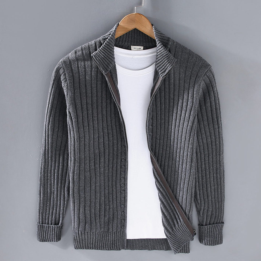 Men's Ribbed-Knit Full-Zip Stand-Collar Winter Cardigan Sweater - Charcoal