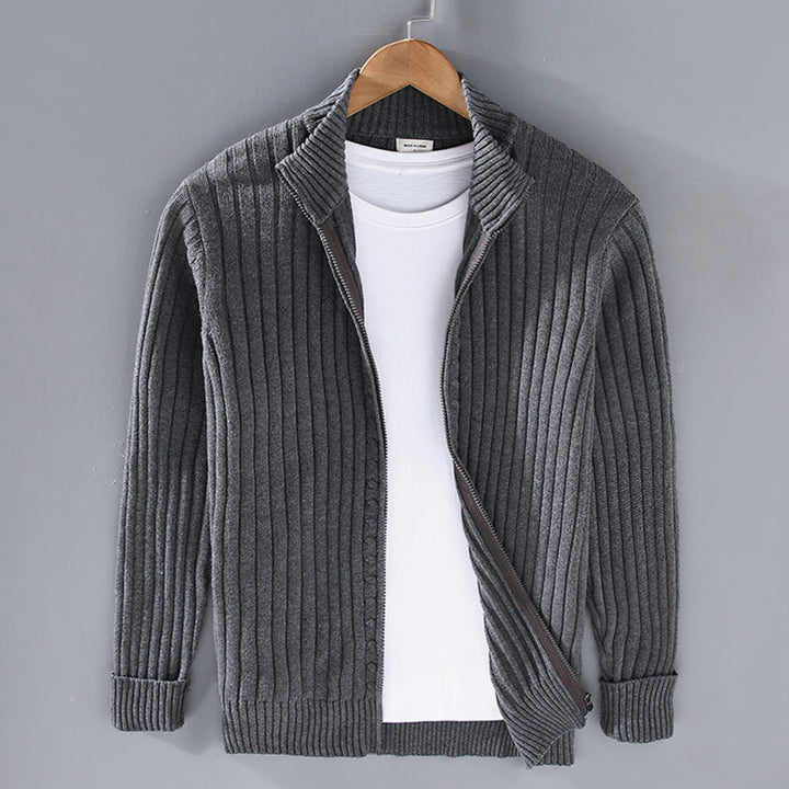 Men's Ribbed-Knit Full-Zip Stand-Collar Winter Cardigan Sweater - Charcoal