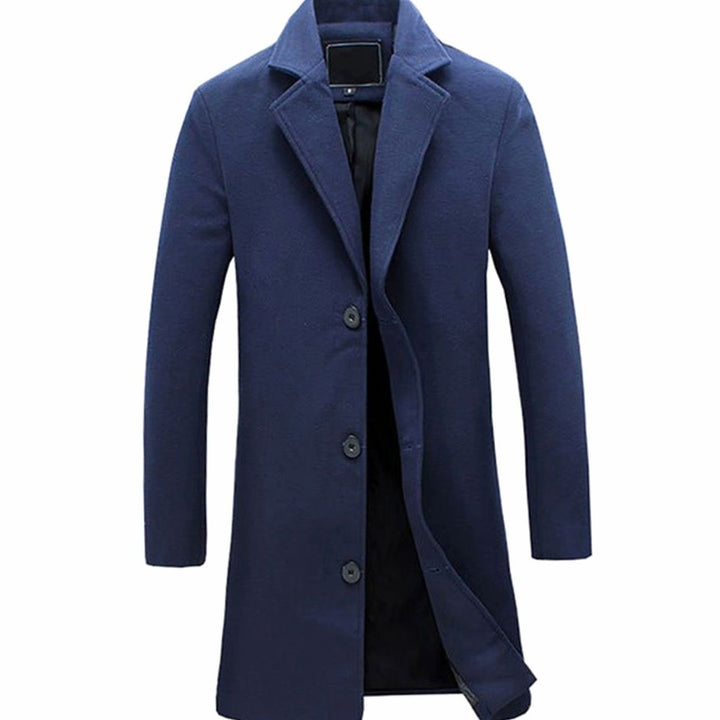 Men's Single-Breasted Notch-Lapel Long Overcoat - Navy Blue