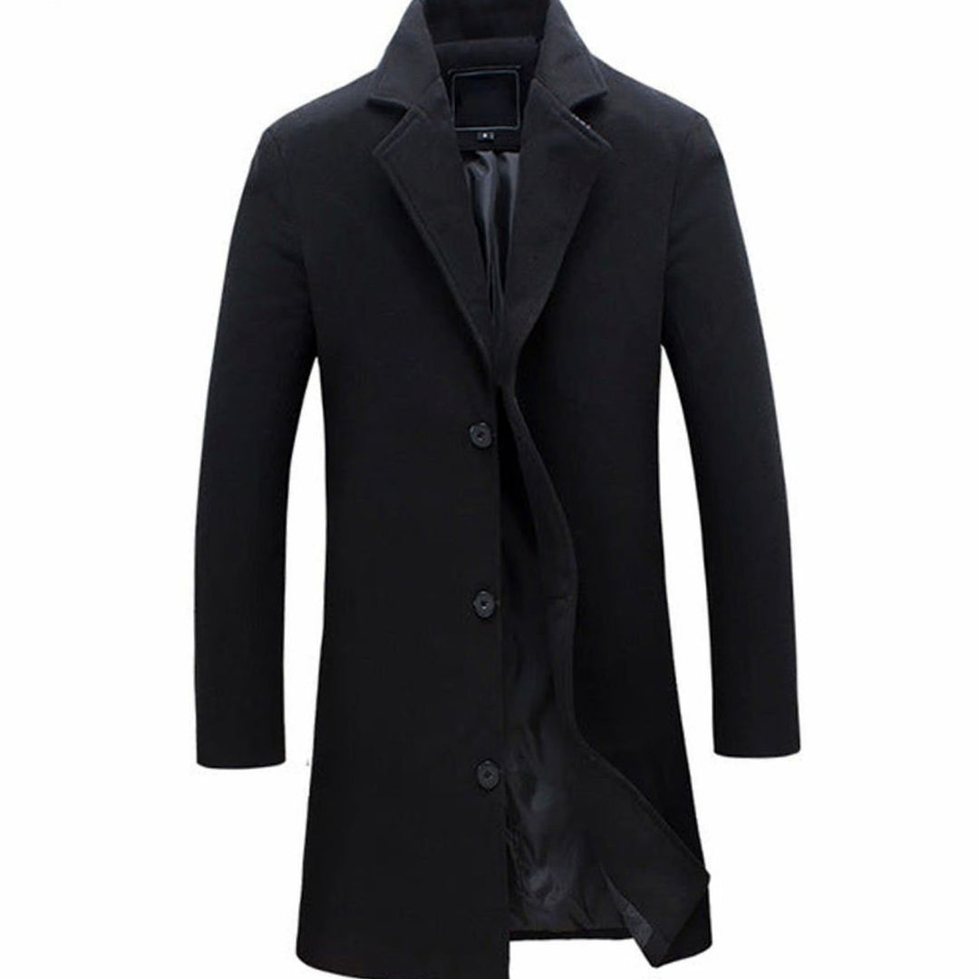 Men's Single-Breasted Notch-Lapel Long Overcoat - Black