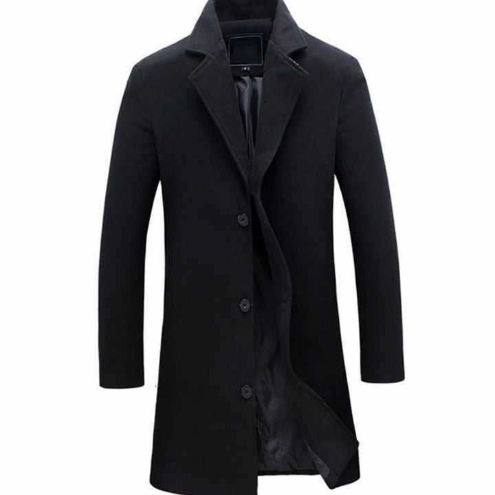 Men's Single-Breasted Notch-Lapel Long Overcoat - Black