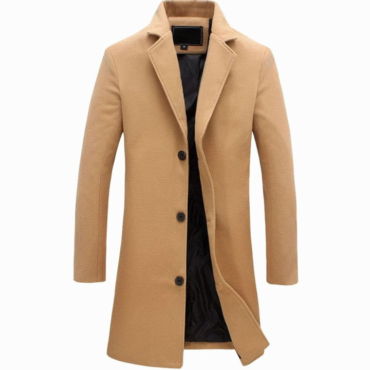 Men's Single-Breasted Notch-Lapel Long Overcoat - Khaki