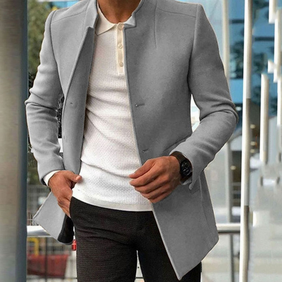 Men's Slim Fit Collarless Wool-Blend Winter Coat - Gray
