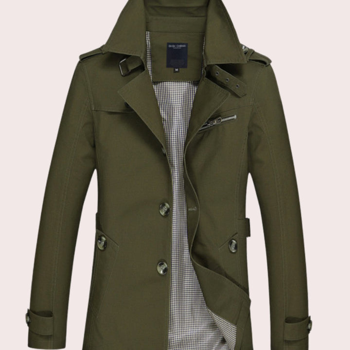 Men's Slim Fit Double-Breasted Trench Coat Epaulette Detail - Army Green