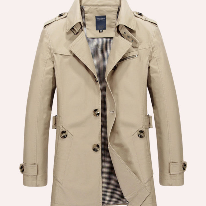 Men's Slim Fit Double-Breasted Trench Coat Epaulette Detail - Beige