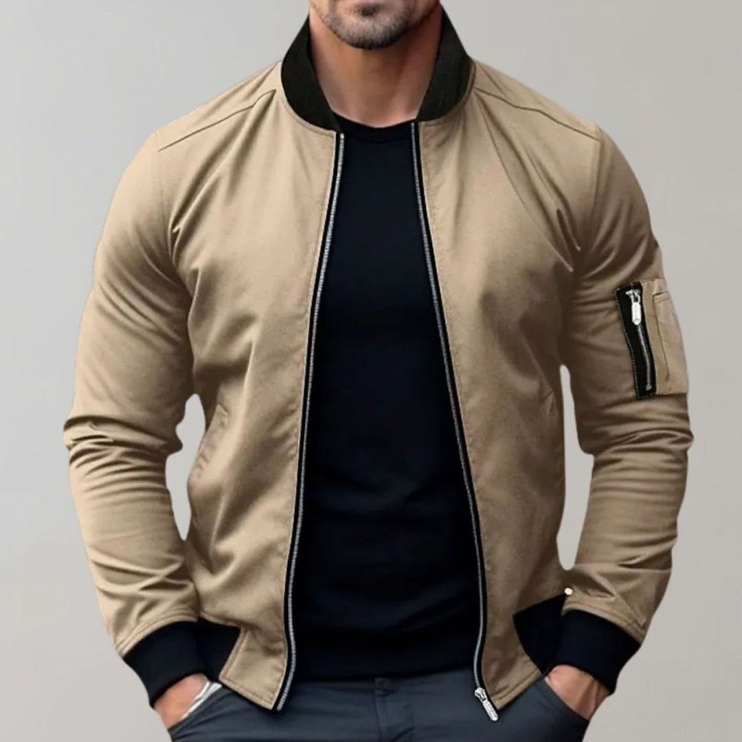Men's Slim-Fit Full-Zip Bomber Jacket Ribbed-Collar - Khaki