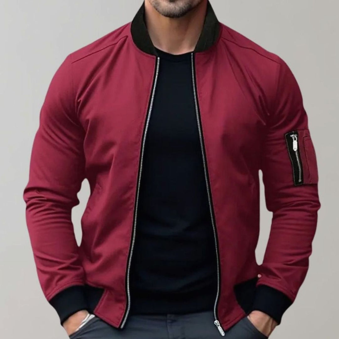 Men's Slim-Fit Full-Zip Bomber Jacket Ribbed-Collar - Burgundy