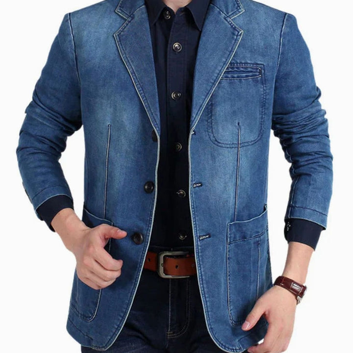 Men's Structured Three-Button Notch-Lapel Denim Blazer