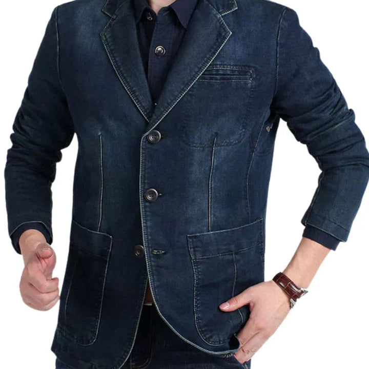 Men's Structured Three-Button Notch-Lapel Denim Blazer