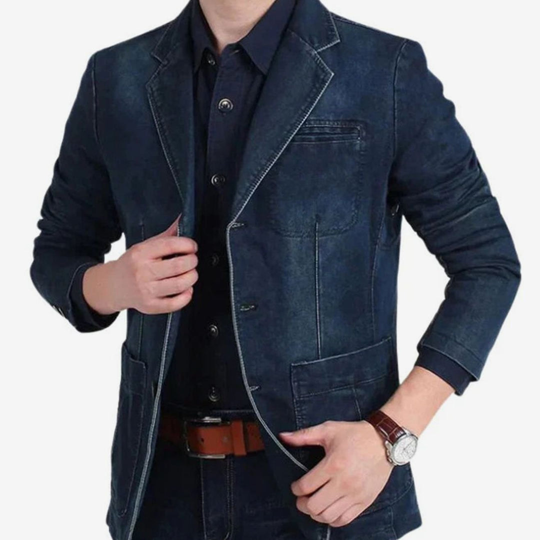 Men's Structured Three-Button Notch-Lapel Denim Blazer