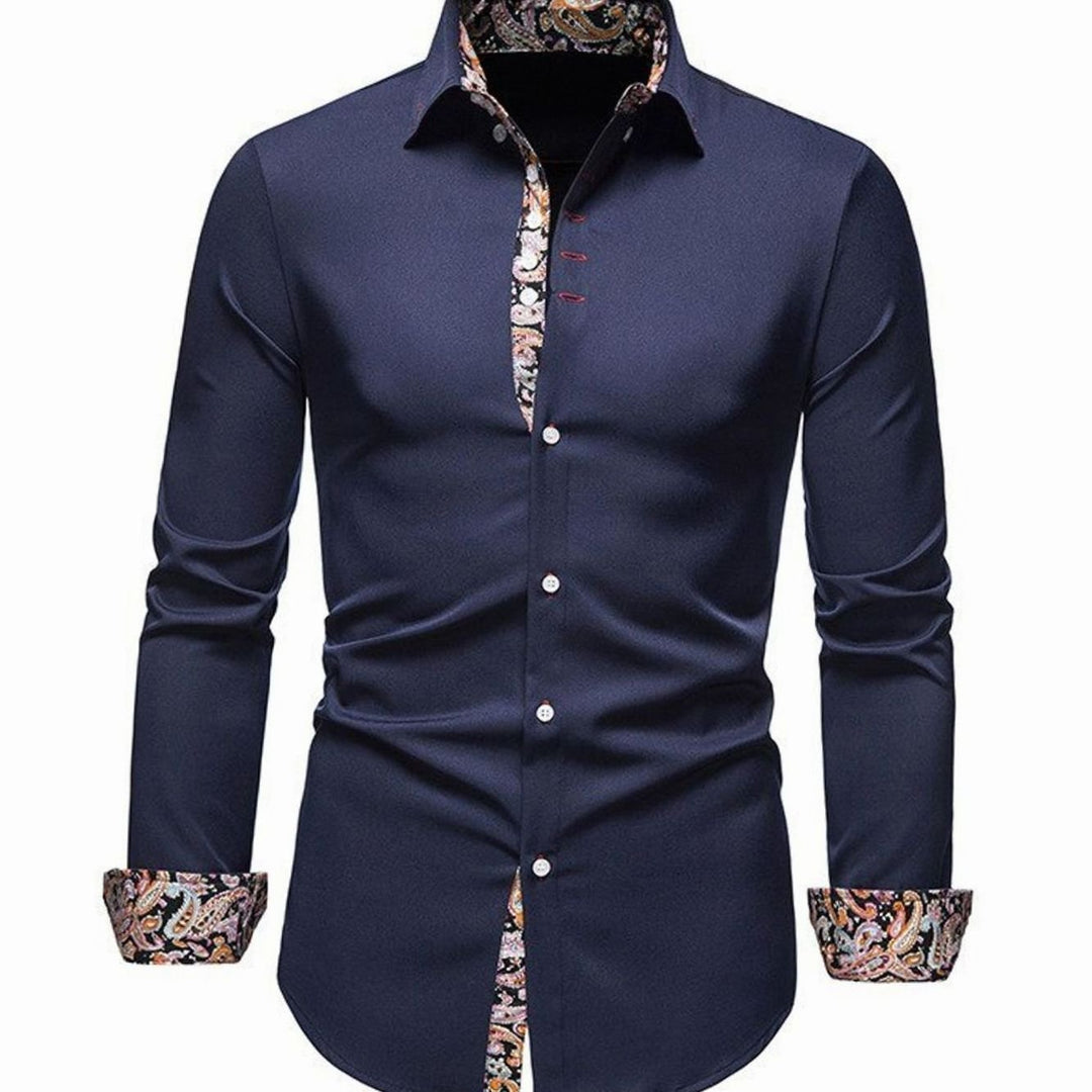 Men's Stylish Shirt Slim-Fit Paisley-Cuff Long-Sleeve Button-Down - Navy Blue