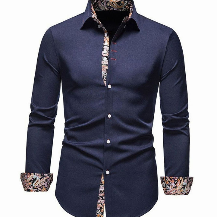 Men's Stylish Shirt Slim-Fit Paisley-Cuff Long-Sleeve Button-Down - Navy Blue