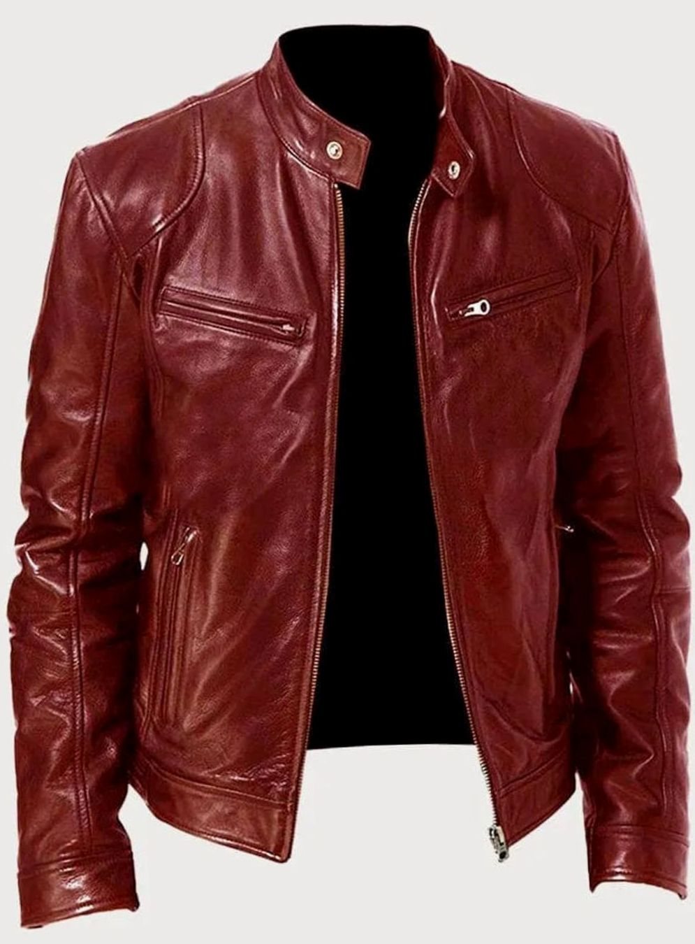 Men's Tailored-Fit Zip-Up Faux Leather Casual Jacket - Red