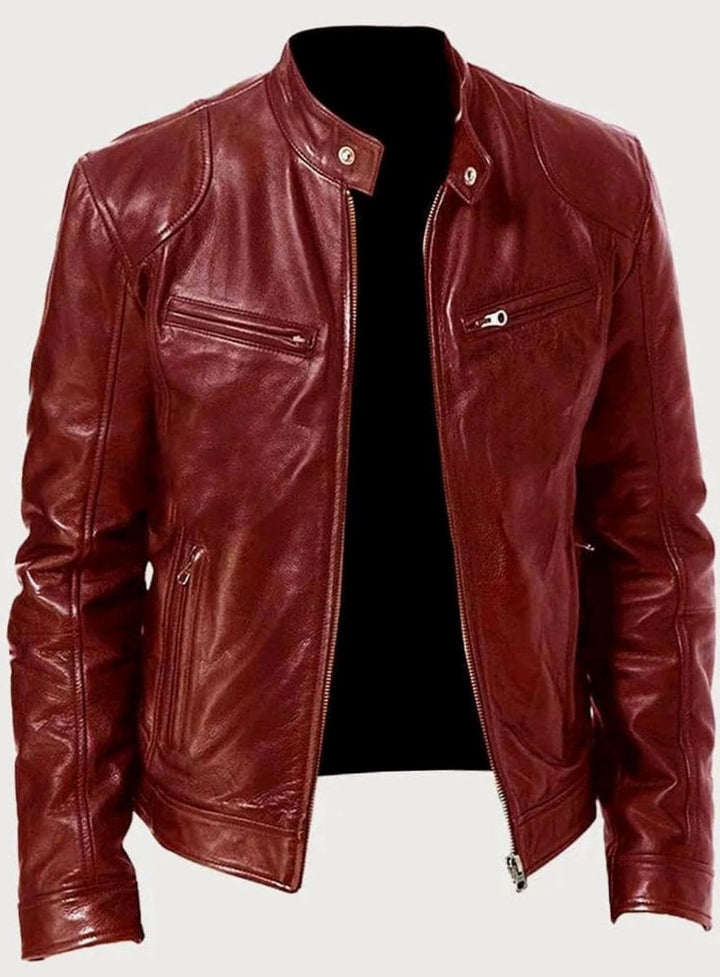 Men's Tailored-Fit Zip-Up Faux Leather Casual Jacket - Red