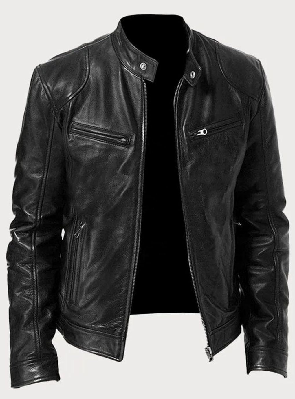 Men's Tailored-Fit Zip-Up Faux Leather Casual Jacket - Black